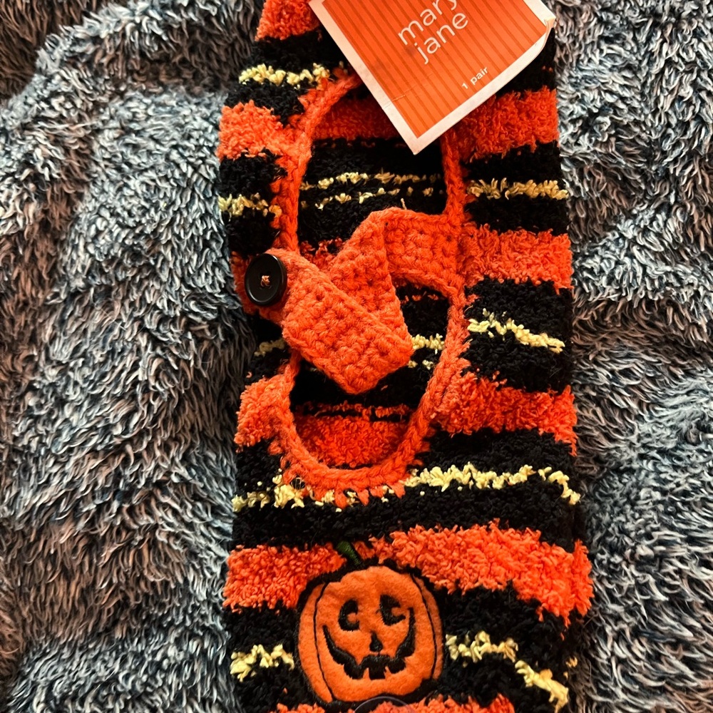 Mary Jane Orange and Black Striped Pumpkin Fuzzy Slippers